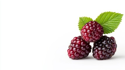 Fresh Juicy Blackberries with Green Leaves on White Background