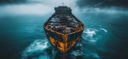 Rusty Shipwreck at Sea in a Misty Landscape