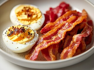 Minimalist high-protein breakfast arrangement featuring eggs, fresh ingredients, and a clean aesthetic for healthy eating