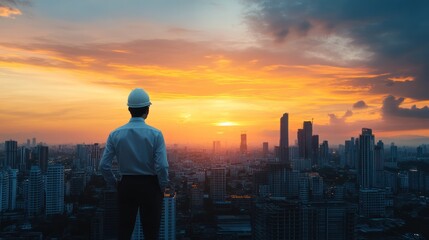 Fototapeta premium Architect Admiring Cityscape at Sunset