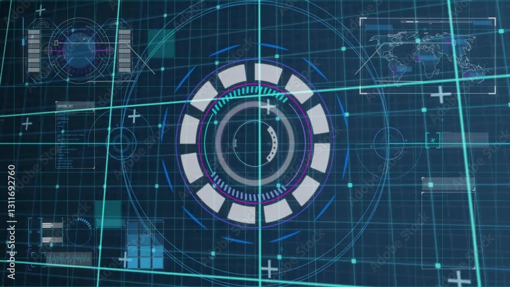 Poster animation of digital interface with circular patterns and charts on blue grid