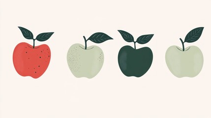 Four stylized apples in different colors; simple fruit illustration; good for children's book, print, or social media