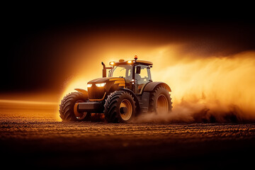 Obraz premium Sunlight pierces through a dust cloud as a tractor furrows the earth in a sprawling field. The mix of light and dust creates a captivating dynamic that emphasizes hard work