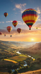 Naklejka premium Balloon Ascent over Scenic Valley: Colorful hot air balloons drift gracefully above a picturesque valley at sunrise, evoking a sense of adventure and freedom