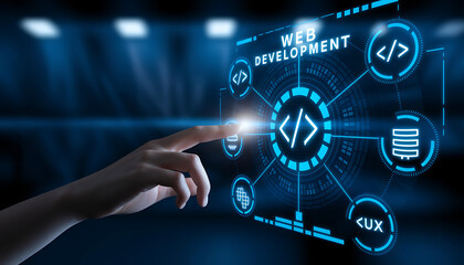 Fototapeta premium Web Development and Cloud Computing Interface, software development, coding, programming, digital transformation, UI design, UX design, artificial intelligence, machine learning.