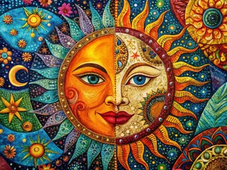 Vibrant Boho Patchwork Sun Moon Art Design with Copy Space - Right Composition