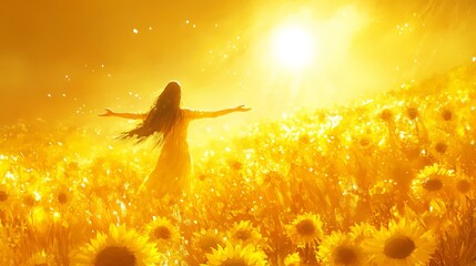 Naklejka premium Yellow Color Therapy â€“ Happiness & Positivity. A radiant field of golden sunflowers under a bright, glowing sun. The golden hues reflect pure joy, and the light dances on the petals, creating a warm