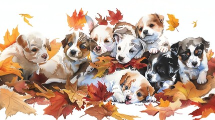 A watercolor painting of eight adorable puppies playing in a pile of autumn leaves.