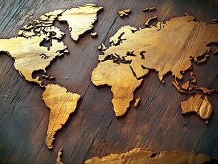 An antique-looking, golden world map on a dark wooden background. A symbol of global exploration and travel.