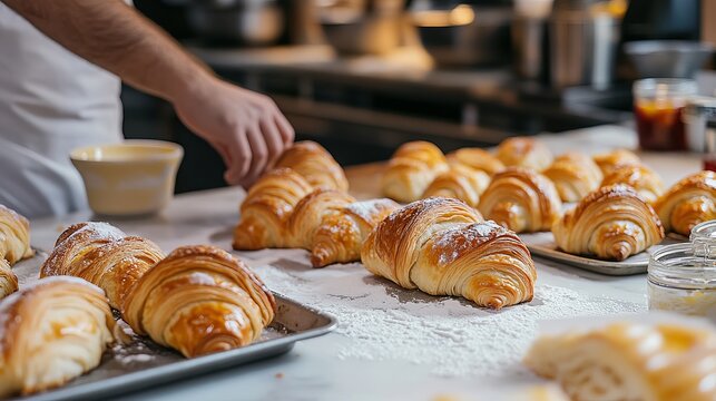 Pastry Chef at Work &acirc;&euro;&ldquo; Croissants and Danish Pastries A skilled pastry chef working in a bustling bakery, shaping buttery, flaky croissants and Danish pastries on a flour-dusted countertop. The crois