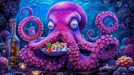 Obraz premium Pink Octopus Enjoying Sushi in an Underwater Scene