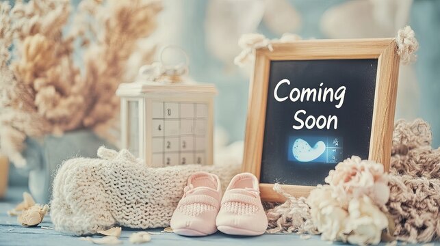 Pregnancy Announcement Concept. A creative flat-lay composition featuring tiny baby shoes, a positive pregnancy test, a wooden calendar displaying the due date, and an ultrasound picture. Soft pastel 