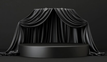 Black podium background with silk fabric, empty platform for product presentation on a black background.