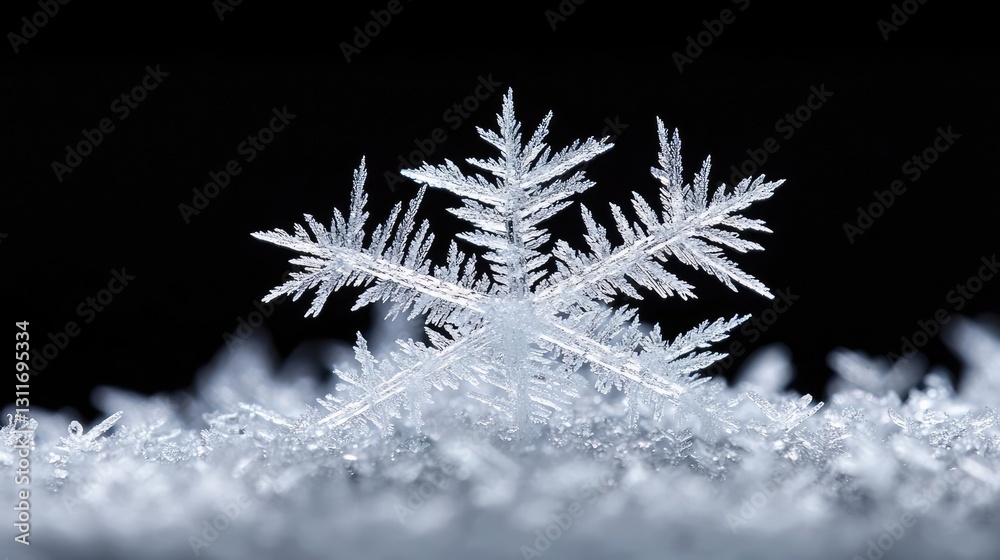 Poster iceberg melting idea. a close-up of an intricate snowflake against a dark background, showcasing nat
