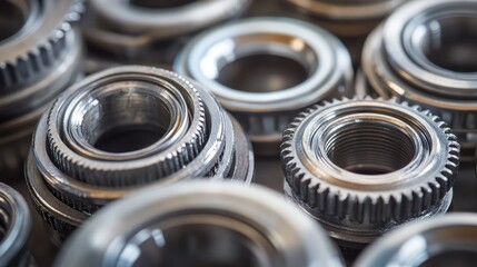 Obraz premium Close-up of ball bearings and metal components, neatly arranged on an industrial surface.