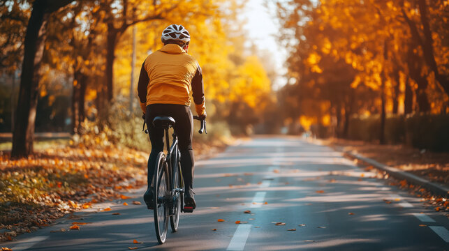 Cyclist in protective helmet and sportswear riding bicycle in park, back view. Healthy lifestyle concept