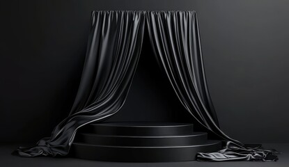 Black podium background with silk fabric, empty platform for product presentation on a black background.