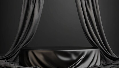 Black podium background with silk fabric, empty platform for product presentation on a black background.
