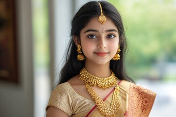 Girl wearing traditional gold jewelry, adorned in a white sari, and looking towards the camera.