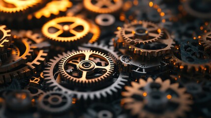 Close-up of metal gears and cogs, finely engineered for industrial machinery, symbolizing precision and efficiency.