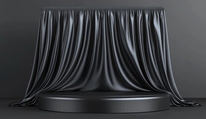 Black podium background with silk fabric, empty platform for product presentation on a black background.