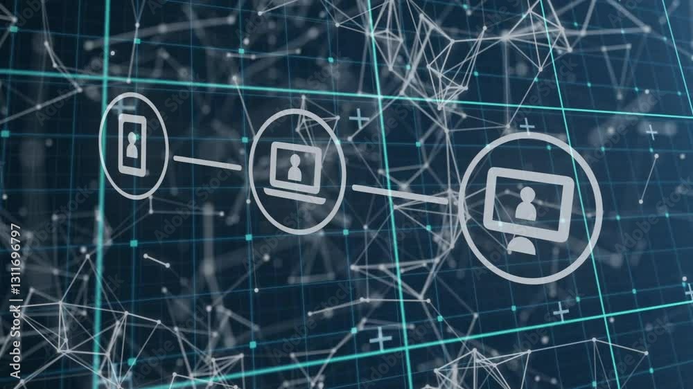Poster network of connections and data processing animation over digital grid background
