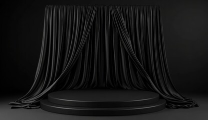 Black podium background with silk fabric, empty platform for product presentation on a black background.