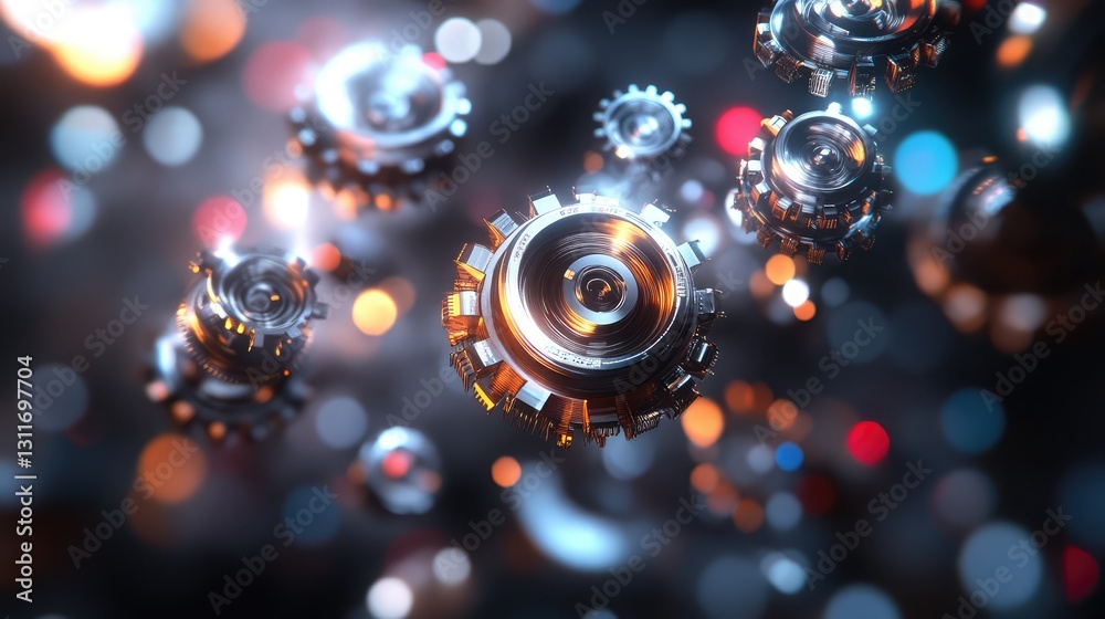 Poster floating digital gears and mechanical components arranged in an abstract d pattern, illuminated by s