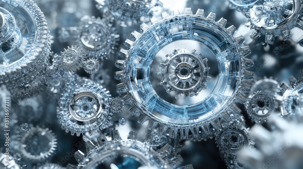 Poster floating digital gears and mechanical components arranged in an abstract d pattern, illuminated by s