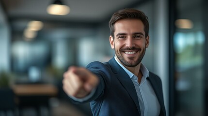Obraz premium Confident Businessman Pointing Forward in Office