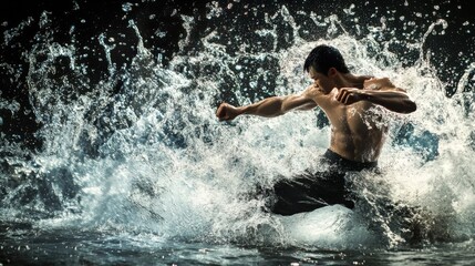 Breaking Barriers: A Martial Artist Punching Through a Wall of Water