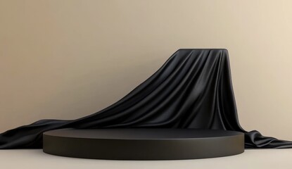 Black podium background with silk fabric, empty platform for product presentation on a black background.