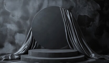 Black podium background with silk fabric, empty platform for product presentation on a black background.