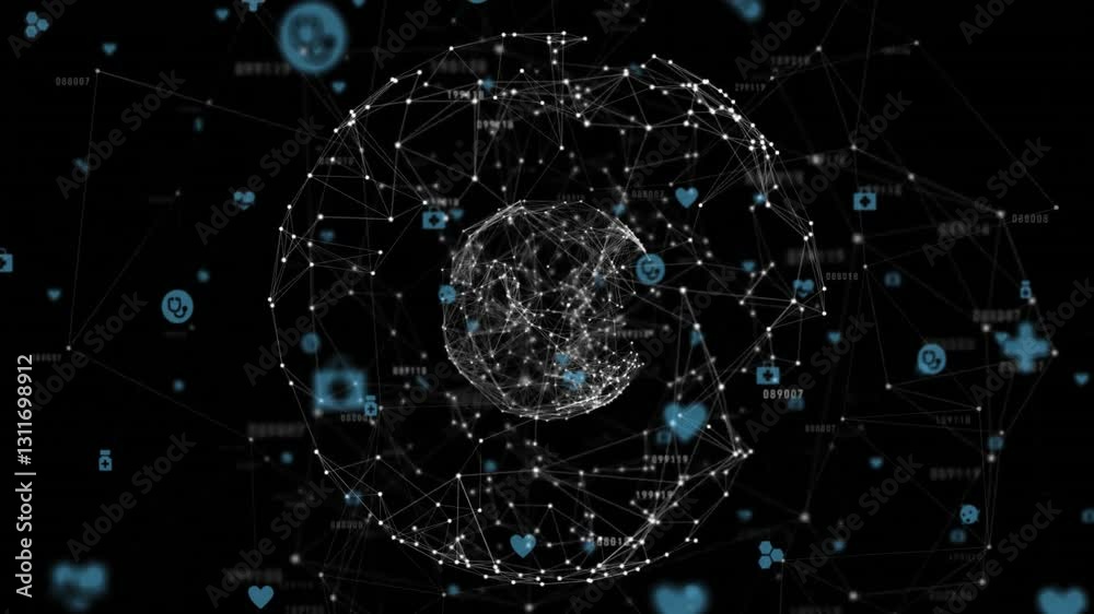 Poster animation of digital network with interconnected nodes and icons forming sphere