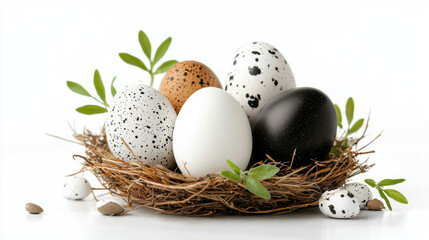 Obraz premium variety of eggs in straw nest with green herbs, showcasing different patterns