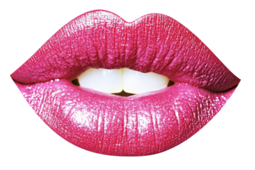 Glossy Pink Lips, Beauty. Isolated Close-Up Of The Lips With Lipstick And Teeth On A White Background.