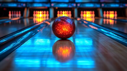 Obraz premium A vibrant red bowling ball rolls down a polished lane, illuminated by colorful lights