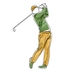 A pencil drawing of a golfer swinging. The swing motion is expressed clearly and smoothly. Pencil sketch.