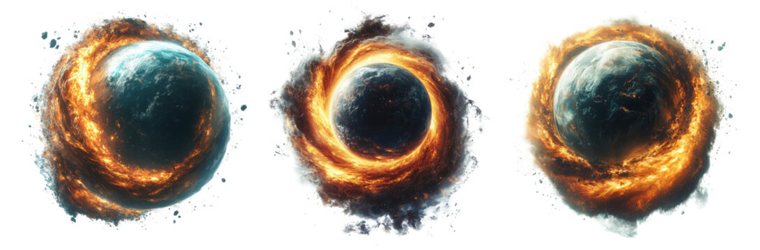 set of planet explosion with tonado and flames isolated on transparent background