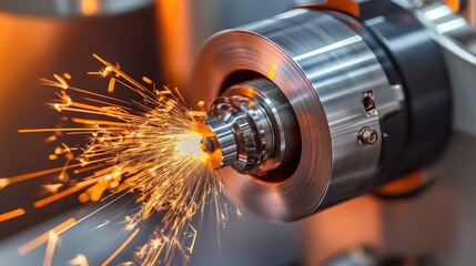 High-speed metal polishing machine in action, creating sparks and reflections.