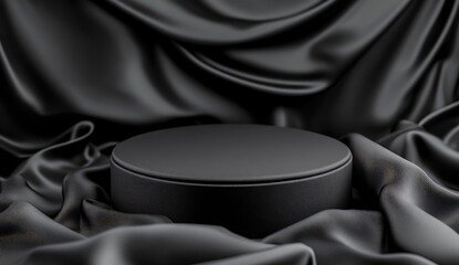 Black podium background with silk fabric, empty platform for product presentation on a black background.