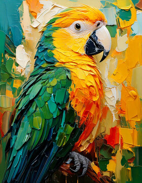 Cute parrot on green yellow background, watercolor bird cute animal paint design, animals painting wall art vector parrots