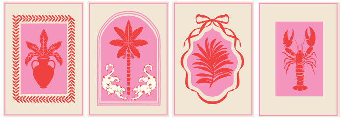 Vector trendy minimalist posters with a summer vibe. Features a palm tree silhouette, frames, and lobsters. Hand-drawn la dolce vita doodles. Pink and red colors.