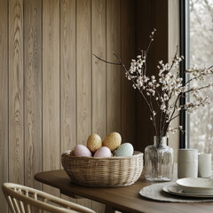 A cozy and festive Easter scene with an elegantly set table. Warm lighting and decorative elements create an inviting atmosphere, making it perfect for home, lifestyle, and holiday marketing visuals.