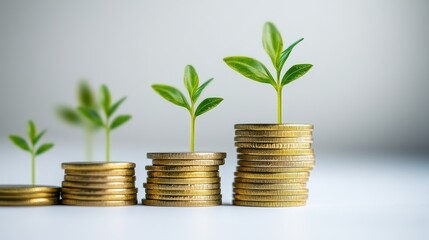 A conceptual image of financial growth featuring stacked gold coins with small green plants sprouting, set against a clean white background, symbolizing smart investment and wealth accumulation.