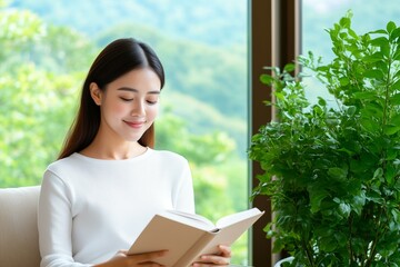 Fototapeta premium Woman Reading a Book by the Window