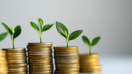 A conceptual image of financial growth featuring stacked gold coins with small green plants sprouting, set against a clean white background, symbolizing smart investment and wealth accumulation.