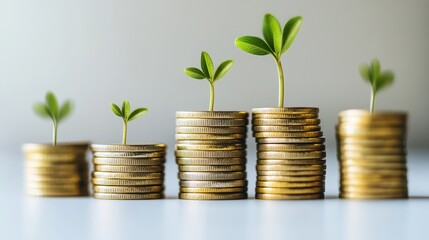 A conceptual image of financial growth featuring stacked gold coins with small green plants sprouting, set against a clean white background, symbolizing smart investment and wealth accumulation.