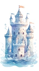 A cute chibi-style watercolor with a small flag over a gray castle