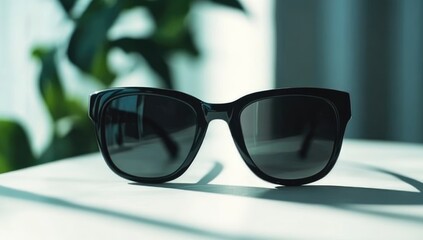 Black sunglasses on a white table, close-up, front view, minimalist style, sunlight shining through the glasses,